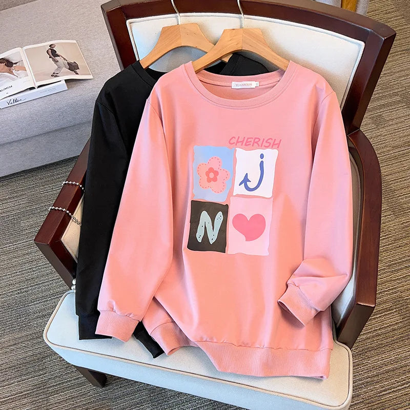 175kg plus size Damen büste Frühling Herbst lose Langarm bedrucktes Sweatshirt Top schwarz rosa 6xl 7xl 8xl 9xl 10xl 11xl.