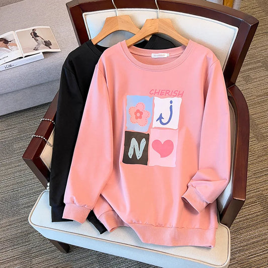 175kg plus size Damen büste Frühling Herbst lose Langarm bedrucktes Sweatshirt Top schwarz rosa 6xl 7xl 8xl 9xl 10xl 11xl.