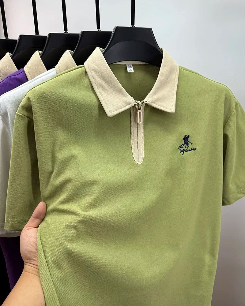 Luxury brand short sleeve polo shirt men's fashion Pony embroidered summer trendy breathable casual color blocked lapel T-shirt.