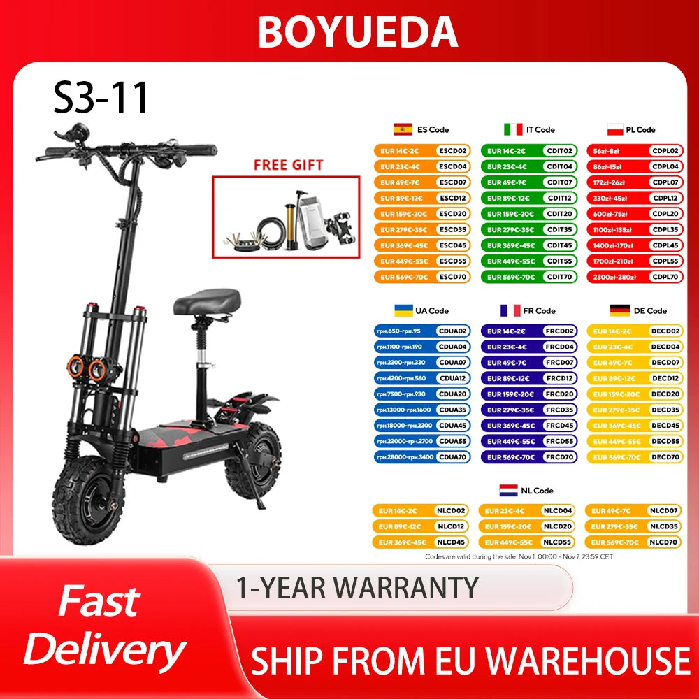 BOYUEDA S3-11 Electric Scooter, 120km Range, 85km/h Max Speed, 2*3000W Motor, 60V 38AH Battery,11-inch Tire,  LCD Display.