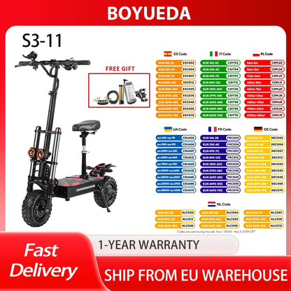 BOYUEDA S3-11 Electric Scooter, 120km Range, 85km/h Max Speed, 2*3000W Motor, 60V 38AH Battery,11-inch Tire,  LCD Display.