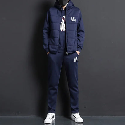 3 Pieces Set Hoodies+Vest+Pants Casual Men's Track Suit Clothing Coats Winter Thick Warm Tracksuit for Men Printed Mens Set Vest.