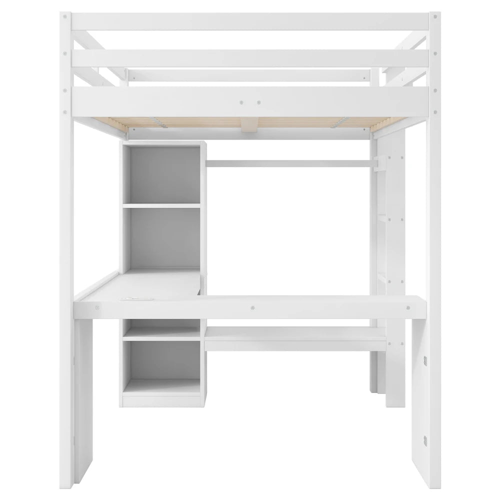 Modernes Kinder-Hochbett 140 x 200 mit Multifunktionsregalen, Unterbett-Schreibtisch, LED-Licht und USB, Kleiderschrank mit Stauraum, für Schlafzimmer
