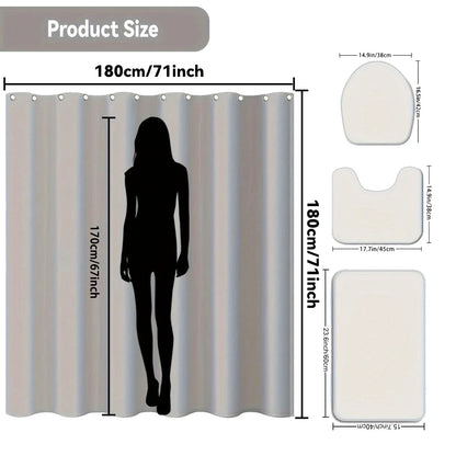 4-teiliges Set mit technologischen, blauen und schwarz karierten, bedruckten, wasserdichten Duschvorhängen mit 12 Haken, Badezimmer-Fußmatten
