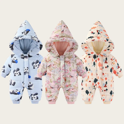 Body für Neugeborene und Mädchen, verdickter, wasserdichter, bedruckter Schneeanzug, 0–24 Monate, Kleinkind-Jungen-Overall mit Kapuze, warmes Winter-Einteiler-Outfit.