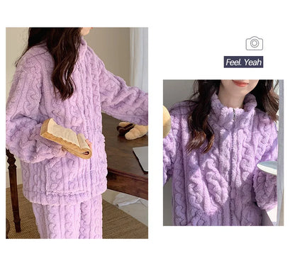 Große Größe Flanell Pyjama Set Herbst Winter Weibliche Nachtwäsche Hosen Anzug Verdicken Korallen Fleece Hohe Kragen Lounge Tragen Homewear
