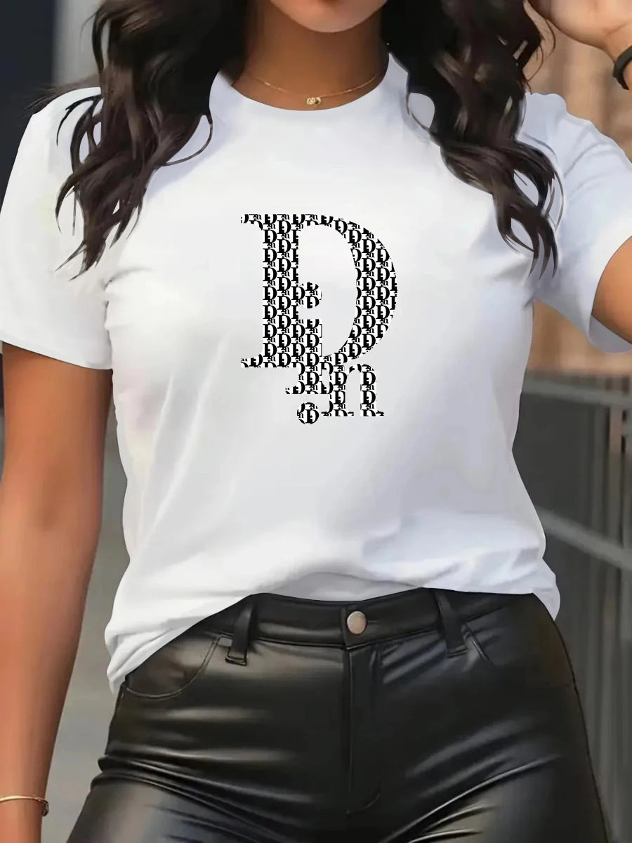 Din Women's T-Shirt Fashion Casual Crew Neck Short Sleeve Cotton Tees Tops Summer Streetwear Luxury Brand T-shirt.