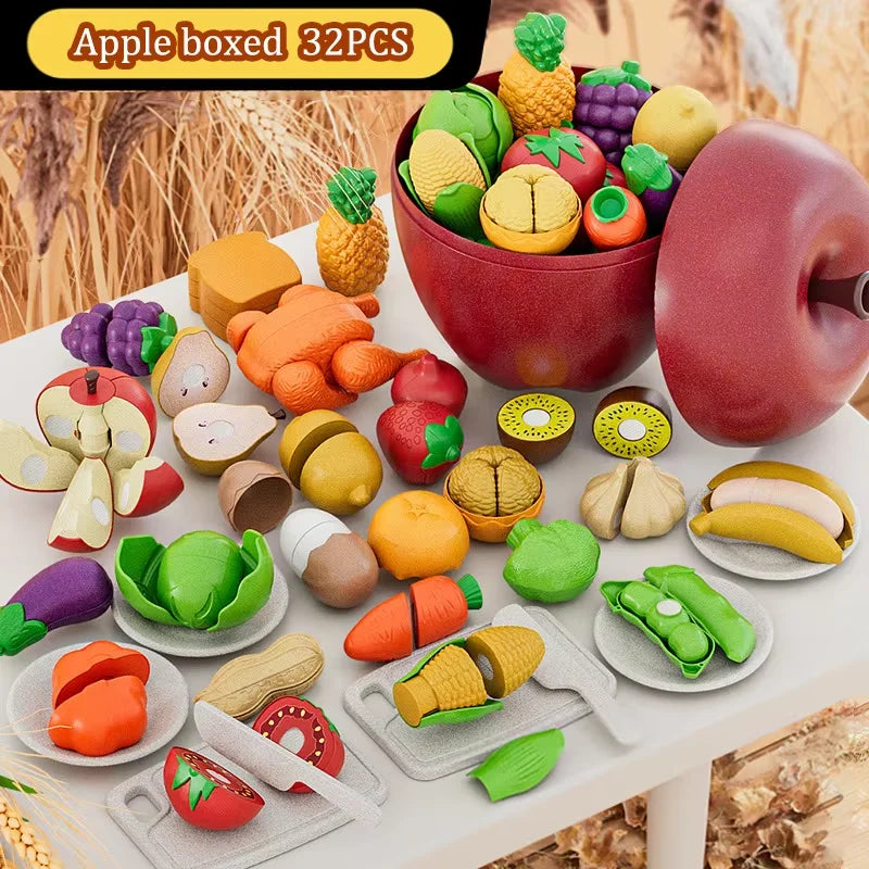 Kid Pretend Play Kitchen Toy Set Simulation Cut Fruit Vegetables Sensory Game Make Pizza Food Cook Girl Interactive Education To
