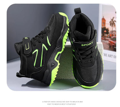 New Boys' Sports Shoes Non-slip School Children's Leather Breathable Running Black Fashion Hiking Shoes Sneaker Size 29-40.