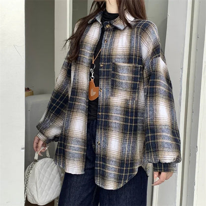 Zjaiss Women Thick Woolen Plaid Blouse Loose Long Sleeved Tops 2025 Autumn Winter New Casual Shirt Long Shirts
