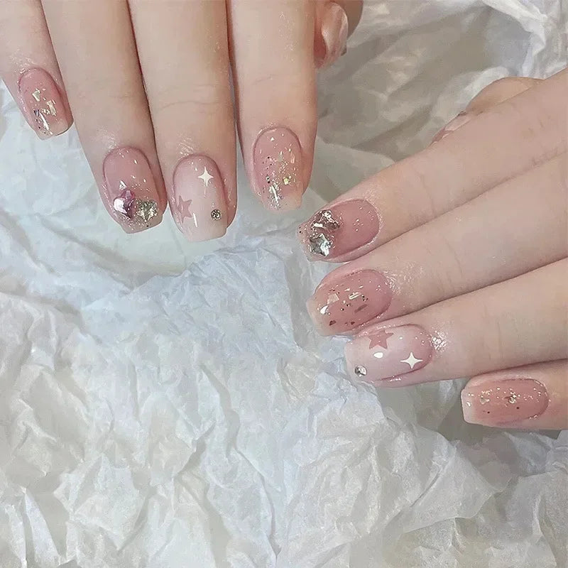 24pcs Detachable Short Press on Nails Y2k rhinestone False Nails with Glue Ballet Sweet Cool Girls Artificial False Nails Tips.