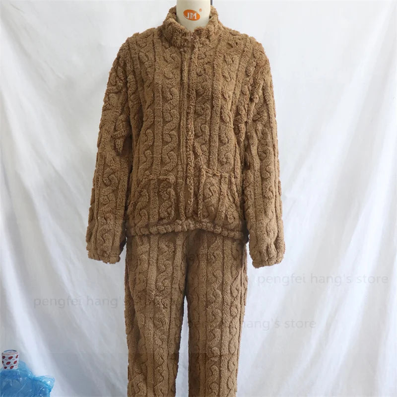Thick Coral Fleece Pajamas Suit Women Long Sleeve Zip Top Pants Winter Autumn Warm Sleepwear Nightwear with Pocket Pjs.