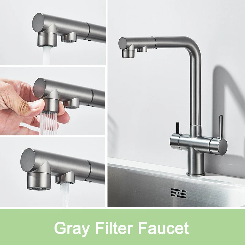 Rozin Water Purifier Kitchen Faucet Black Pull Out Flexible Filter Kitchen Faucets Crane Brass 2 in 1 Hot Cold Water Mixer Tap