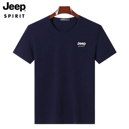 JEEP SPIRIT Mens T-shirt Summer 100%Cotton 230g Heavy Print Sports Breathable Round Neck Top Loose Solid Short Sleeve.