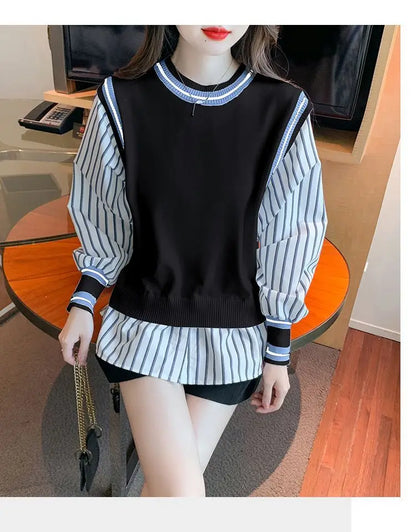 Autumn Preppy Style Patchwork O-neck Fake Two Pieces Top Tee Female Casual Striped Long Sleeve Sweatshirts Women Clothes Tshirt