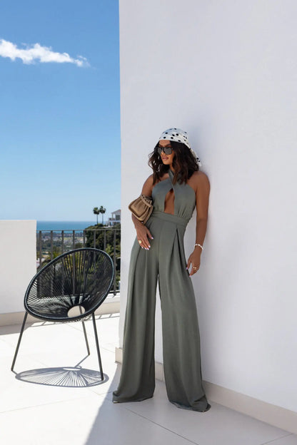 Sexy Backless Halter Neck Sleeveless Bandage Jumpsuit Summer Women Fashion Red Black Hollow Out Wide Leg Jumpsuits Streetwear.