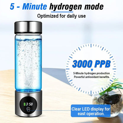 Portable Performance Hydrogen Water Generator Bottle SPE+PEM Dual Chamber lonizer + PPB&Time Display Electrolytic Hydrogen Water.