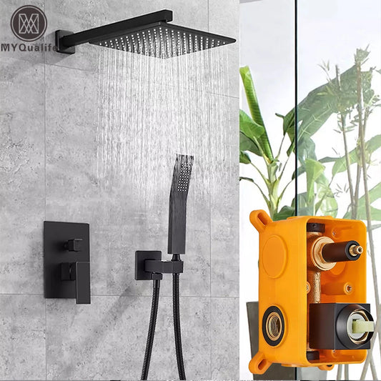 Matte Black Wall Mount Bathroom Shower Faucet 8/10/12/16 Inch Rainfall Mixed Hot Cold Water Mixer Bathtub Tap with Hand Sprayer