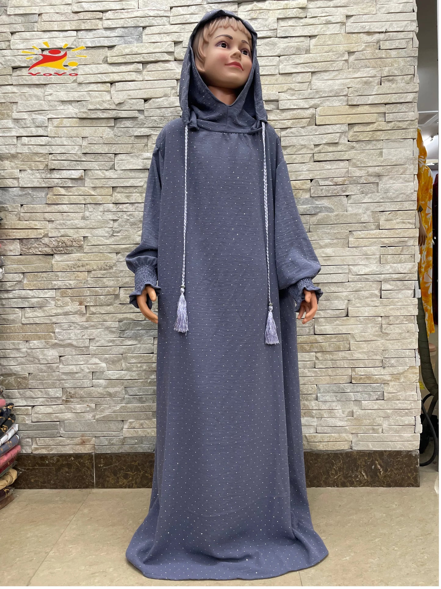 Kids Cotton Islamic Dress Full Cover Robe for Muslim Girls with Two-Hat Turkey Diamond Abaya New Eid Ramadan Prayer Garment.
