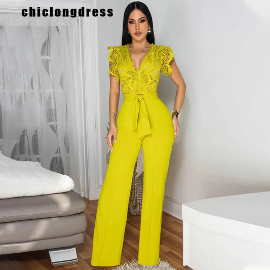 Summer Fashion Lace High Waisted Jumpsuit Women Elegant OL Lace Sleeveless Waistband Straight Jumpsuit Women.