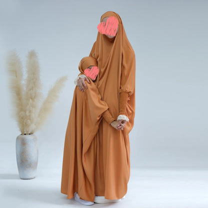 Ramadan Muslim Robe 2 Piece Set Mommy & Kids Prayer Garment Hijab Dress Women Girls Hooded Abaya Niqab Islam Dubai Eid jilbab.