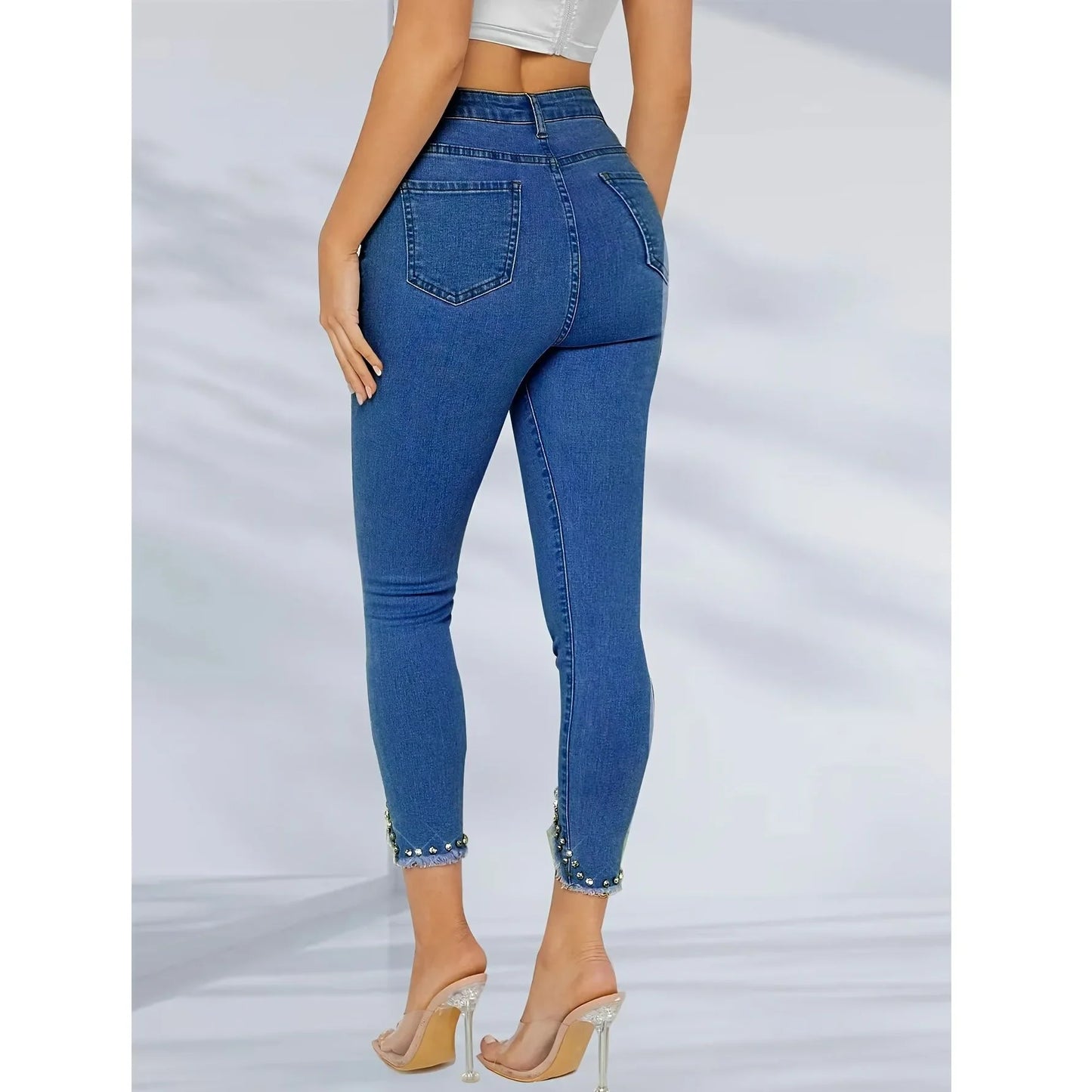 Plus Size Diamond Decorated Elastic Slim Fit Jeans Women's plus Size Washed Denim Stretchy Comfortable Big Size Female Pants.
