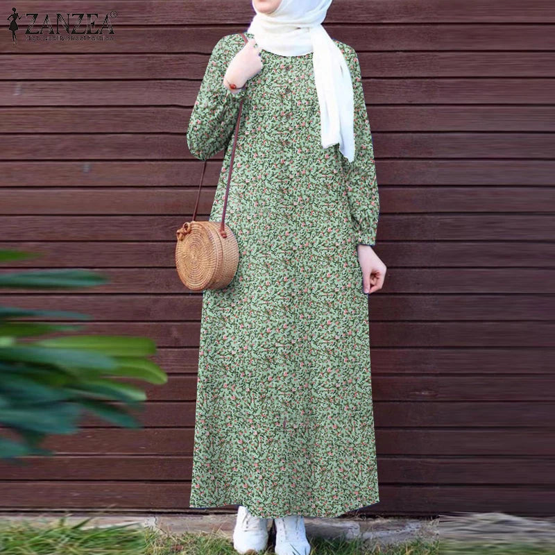 ZANZEA Islamic Women Floral Print Maxi Dress Long Sleeve Loose Casual Abaya Robes 2025 Spring Muslim Hijab O Neck Kaftan Dresses.