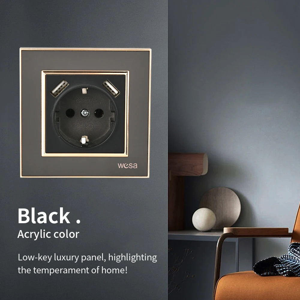 WESA Schwarze Spiegel-Acryl-Steckdose mit 2 USB-Steckdosen nach EU-Standard, Standard-Erdungsstecker, Steckdose, flammhemmend.