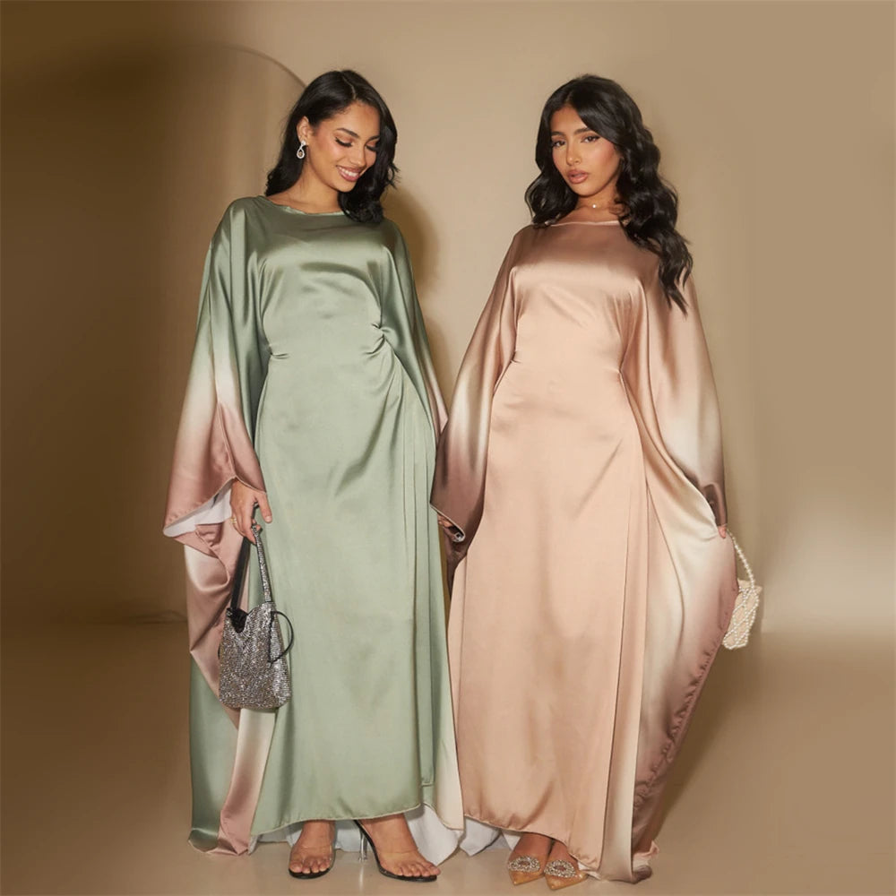 Gradient Batwing Butterfly Sleeve Satin Abaya Dubai Luxury Muslim Kaftan Dress For Women Kebaya Caftan Marocain Femme Vestidos.