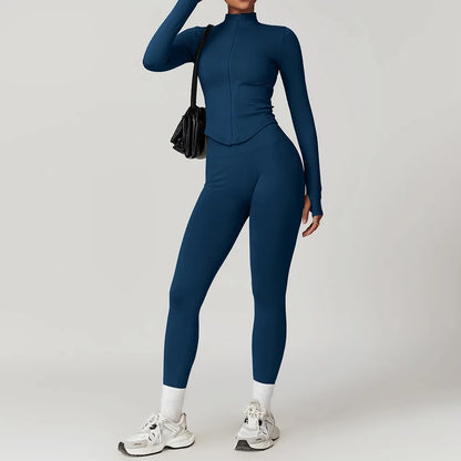 Ctenkevet Women Slim High Neck Jacket Sports Suit Female Two Piece Yoga Clothes Sport Outfit For Woman Buttock Lift Sports Suit