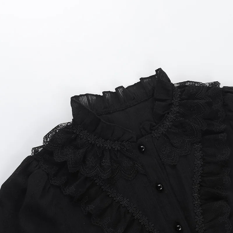 Sweet Lolita Cotton Shirts Women Vintage Gothic Black White Jacquard Short Sleeve Blouses Elegant Office Lady Y2k Tops.