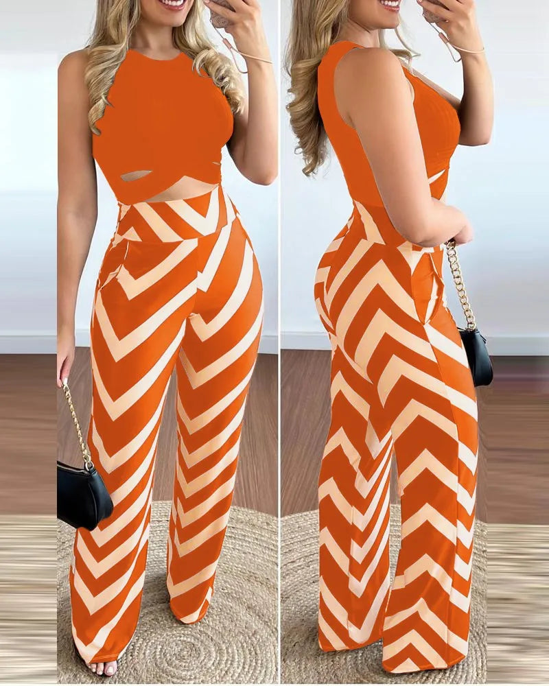 Spring Summer New Sleeveless Short Top Women's Suit Fashion Printed Trousers Slim Slim Simple Elegant Female Office 2 Piece Set.