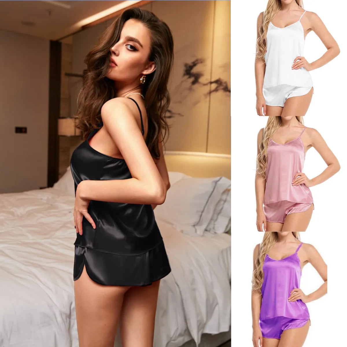 Sexy Frauen Pyjama Satin Spitze Seide Hosenträger V-Ausschnitt Tops Shorts Robe Pyjama Set Nachthemd Unterwäsche Nachthemd Anzug.