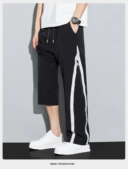 2025 Summer Ice Silk Casual Pants Boys Casual Peplum Pants Handsome Straight Colorblocking Sports Pants.