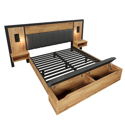 Bett mit gepolstertem Bettsystem mit Leselampe und USB-C-Nachttisch und Sitzbank mit Stauraum (ohne Matratze)