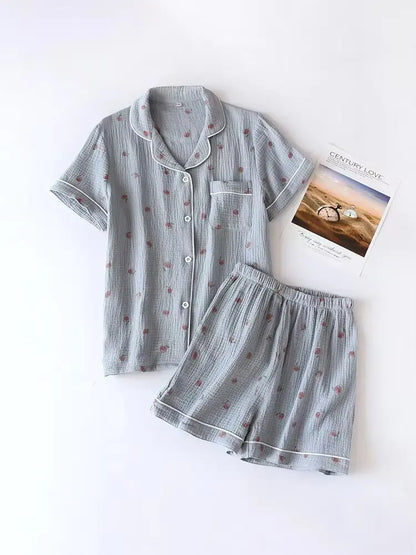2025 sommer Damen Kurzarm Shorts Pyjamas Set 100 % Baumwolle Krepp Tuch Dünne Hause Service Zwei-stück Frühling und Herbst Lose