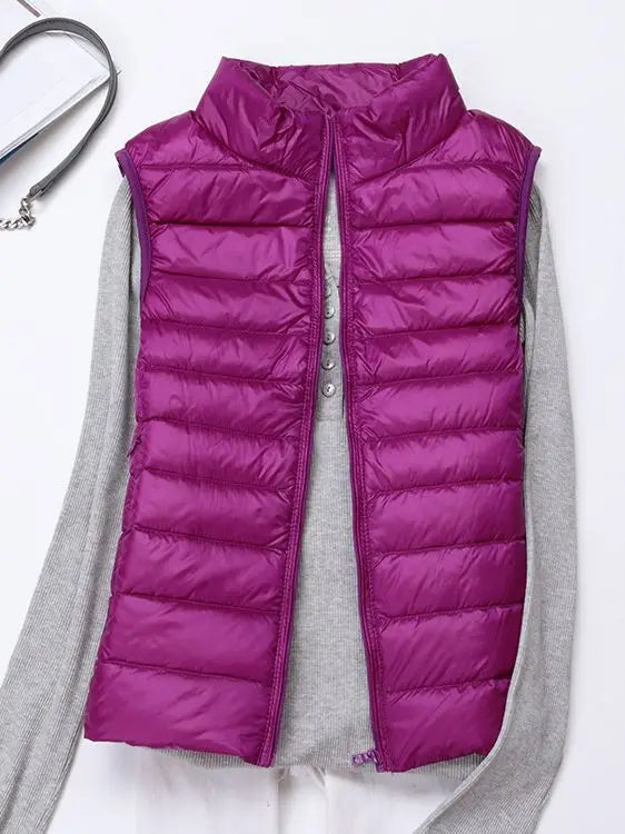 0-10 ℃   Frauen Westen Herbst Winter Ultra Licht Ente Unten Weste Weibliche Dünne Ärmellose Jacke Winddicht Warme Puffer Weste 4XL