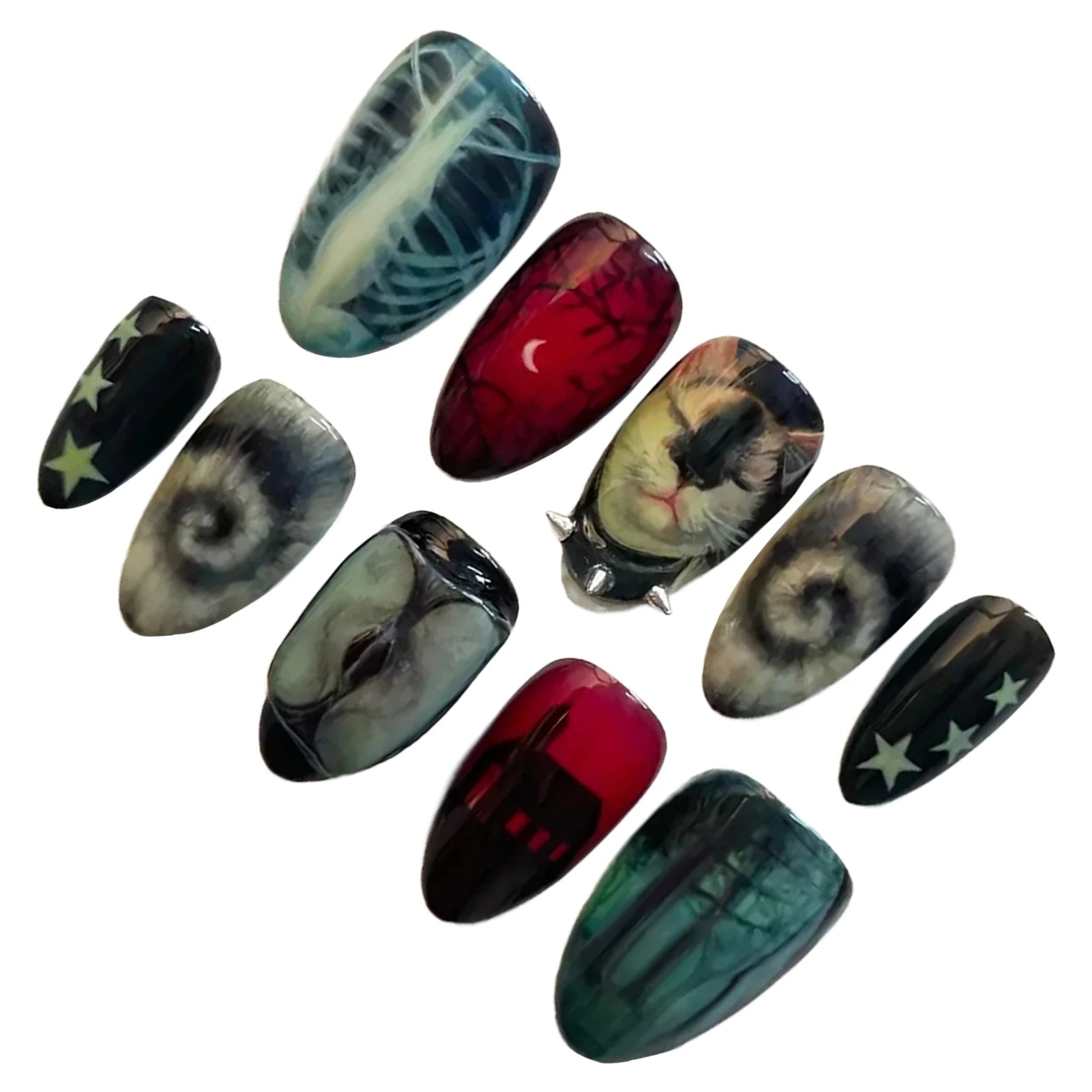 10pcs Dark Black Style Handmade Fake Nails Y2k Star Horor Foreat Designs Press On Nails Halloween Wearable Almond False Nail.