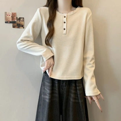 New Autumn and Winter Half-open Lace Front Shoulder Long-sleeved T-shirt Plus Velvet Warm German Velvet Women's Top.