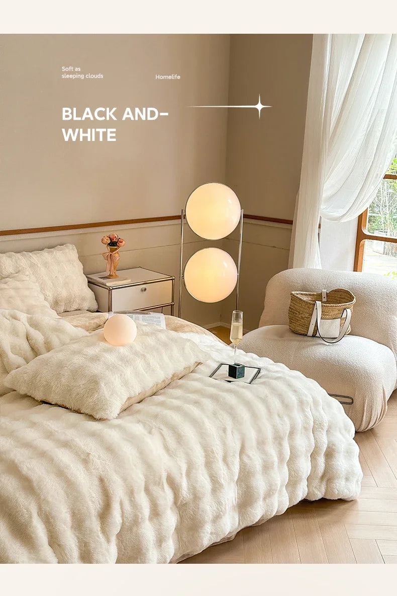 2024 new solid color colorful rabbit wool four-piece set, one side of rabbit fur and one side of milk wool thickened warm.