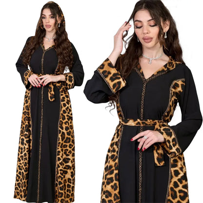 Elegantes arabisches Frauen-Partykleid, afrikanischer V-Ausschnitt, Leopardenmuster, langärmelig, Abaya, modische muslimische Dame, Urlaubskleid, islamische Kleidung.