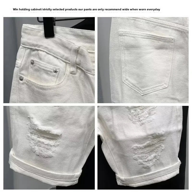 New Men's Denim Shorts Trendy Solid Color Ripped Slim Fit High Waist Elastic Waist Breathable Quick Dry Cotton Pants.