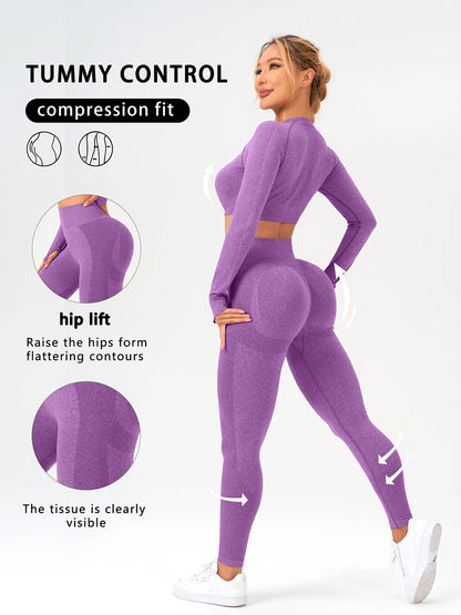 2 pcs/set Long Sleeve Yoga Leggings Set Sportswear Woman Gym Seamless Workout Outfit Yoga Clothes Womens Tracksuit Activewear.