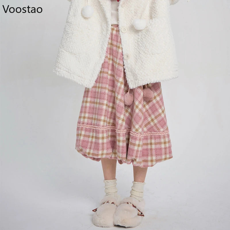Pink Plaid Vintage Skirt Autumn Winter Women Preppy Style Chic Plush Ball Elegant Midi Skirt Korean Female Y2k A-Line Skirts.