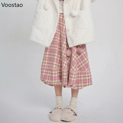 Pink Plaid Vintage Skirt Autumn Winter Women Preppy Style Chic Plush Ball Elegant Midi Skirt Korean Female Y2k A-Line Skirts.