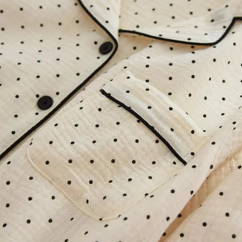 2025 Spring and Autumn New Women's Pajama Set 100%cotton crepe long-sleeved trousers two-piece polka dot cute home wear thin set.