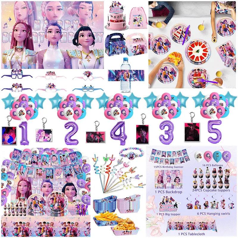 Neue Kpop Dämon Hunter Geburtstag Party Dekoration Geschirr Set Mädchen Luftballons Kuchen Topper Hintergrund Taschen Kinder Party Favor Supplies.