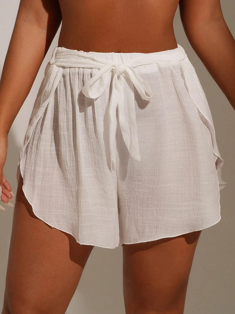 Cover Pants Ups Wrap Up Shorts Swimsuit Cover Ups Casual Hollow Out Frenulum Elastic Waist Short Pants Lounge Shorts Swimwear.