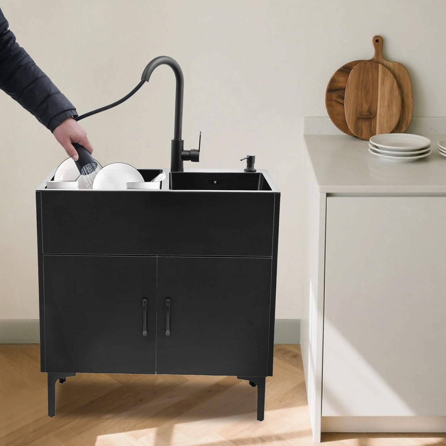 Wäschewaschbecken aus Edelstahl 201, Wäschewaschbecken mit ausziehbarem Wasserhahn, Waschbecken mit Schrank für Küchen, Restaurants, Dessertgeschäfte