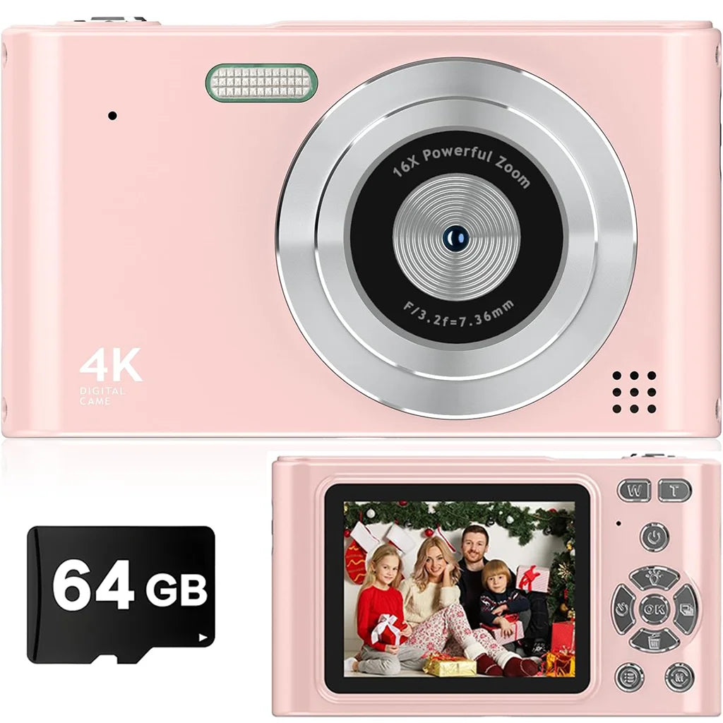 Retro digital camera, CCD camera, multilingual settings, gift for kids, students, 64GB SD card, pink.